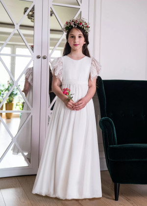 Flutter Sleeves Ivory Lace Chiffon Flower Girl Dress